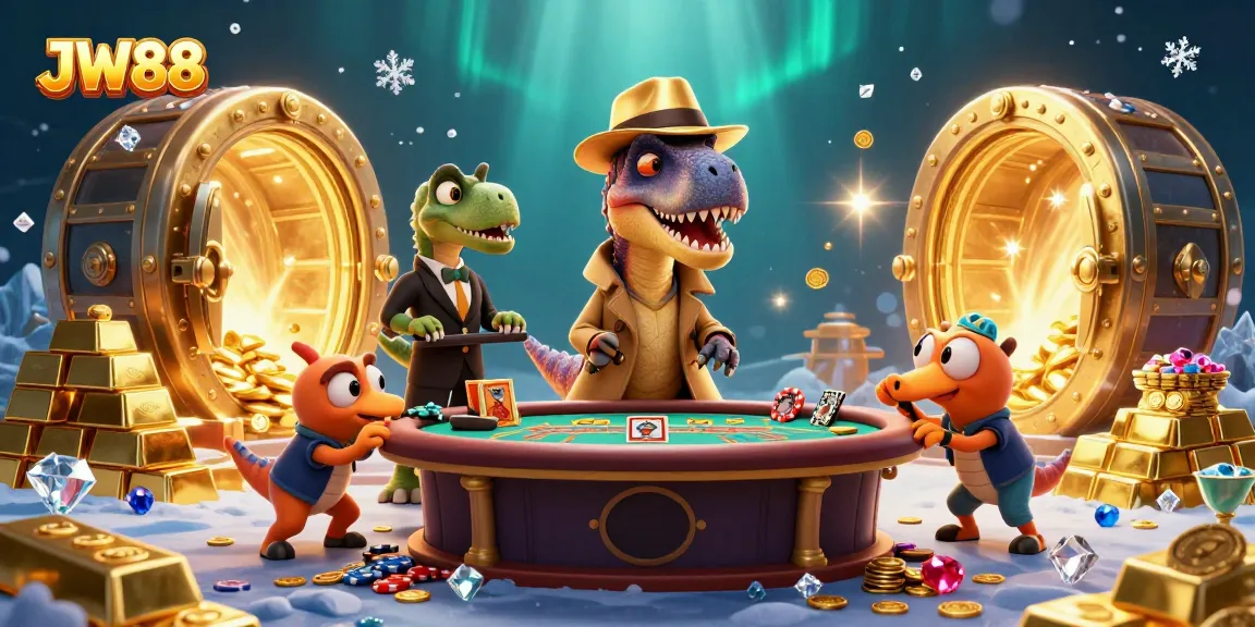 Experience JW88's thrilling casino world with a sneaky velociraptor and dazzling treasures.