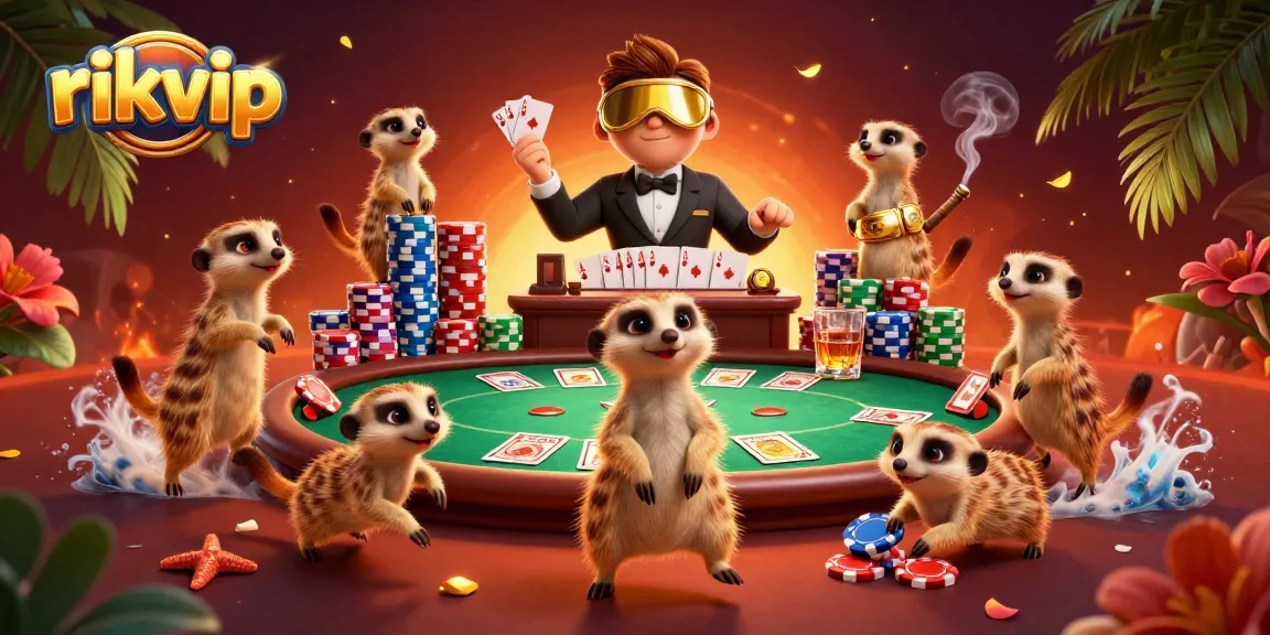 Experience the excitement of rikvip with meerkats in a vibrant casino scene, featuring poker action and colorful chips.