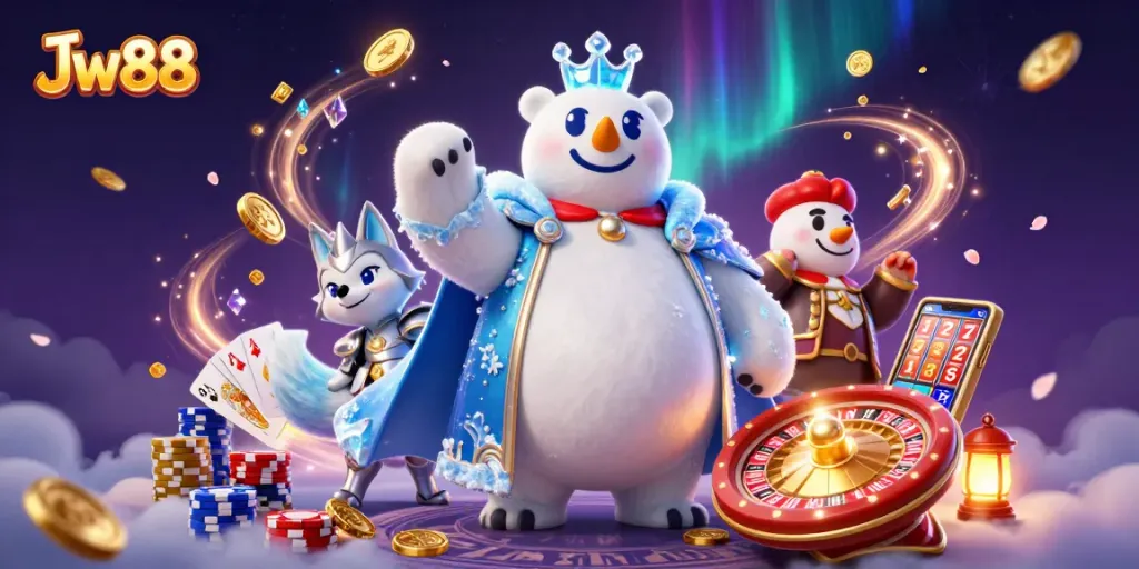 Experience exciting gameplay at Jw88 with 3D cartoon characters surrounded by vibrant casino elements.