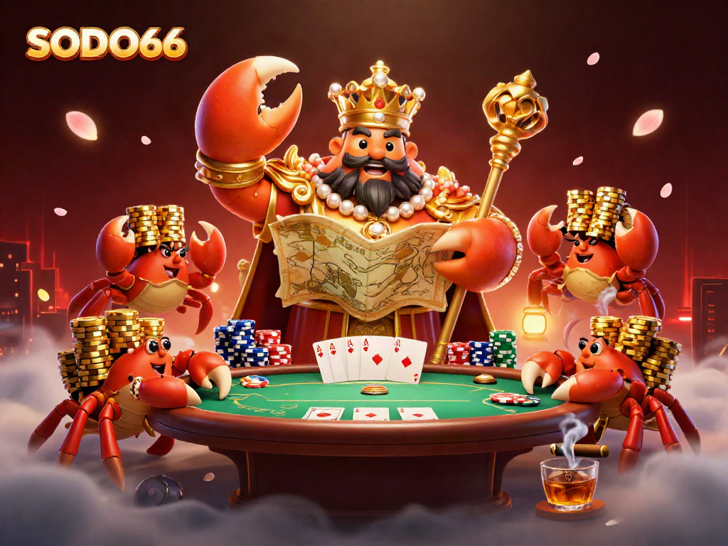 SODO66 attracts with its captivating casino-themed illustration of a golden crab emperor and rich gaming elements.