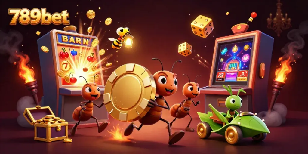 Join the thrilling adventure with 789bet where ants steal a massive poker chip amidst a vibrant casino scene.