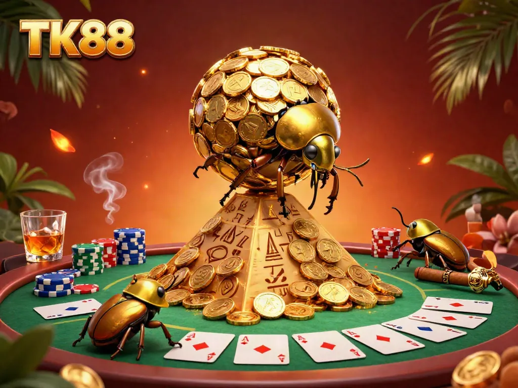 Engage with TK88's vibrant scene featuring playful golden beetles and winning poker hands among dynamic casino elements.