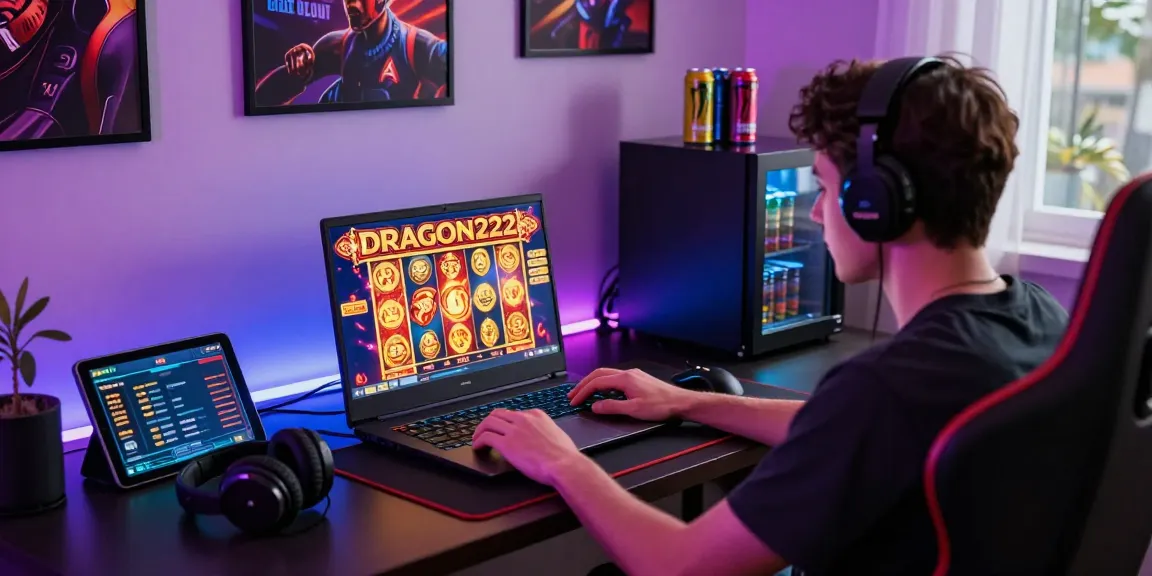 Player engaged with the thrilling DRAGON222 slot game in a modern gaming setup, showcasing a vibrant online casino experience.