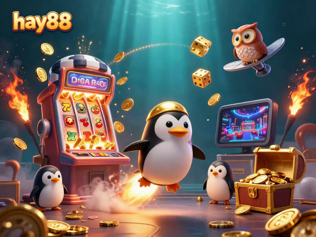 Engage in the thrilling world of hay88 as a penguin navigates a captivating casino space!