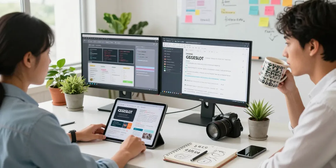Workspace pemasaran digital dengan GEGESLOT, manajer media sosial membuat konten di layar ganda.