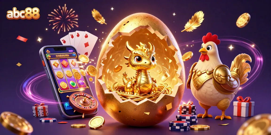 Experience thrilling wins at abc88 with a golden dragon guarding poker chips amidst vibrant casino elements.