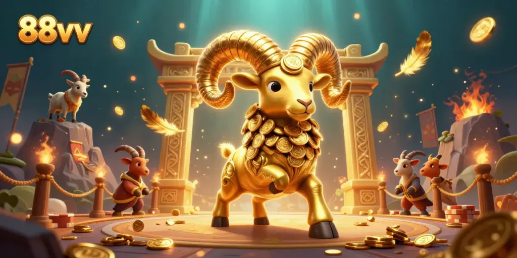Experience the vibrant action of 88vv as a golden ram charges through a dynamic casino scene.