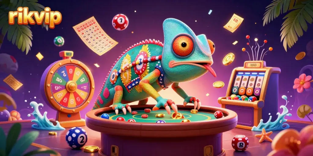 Engaging scene of rikvip's exciting casino environment featuring a colorful chameleon, lottery balls, and vibrant game elements.