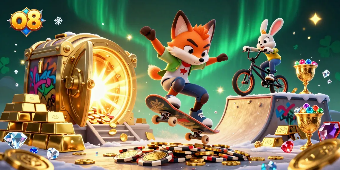 Experience thrilling gameplay at o8 with a vibrant 3D illustration featuring casino elements and lively characters.