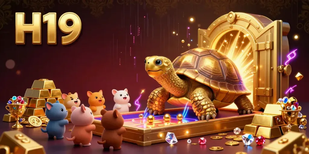 Spin the pinball-themed tortoise H19 at this vibrant casino scene filled with treasures.