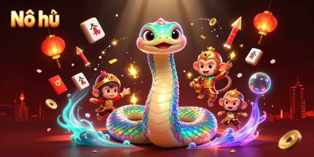 Engage in Nổ hũ, a vibrant casino experience with a magical scene filled with lucky charms and characters