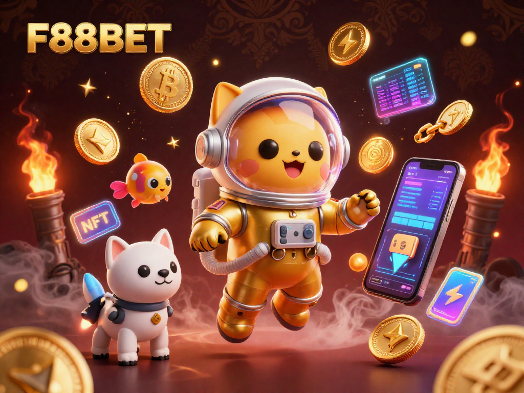 Experience thrilling gaming moments at F88BET with a dynamic 3D scene featuring cosmic characters and cryptocurrency elements.
