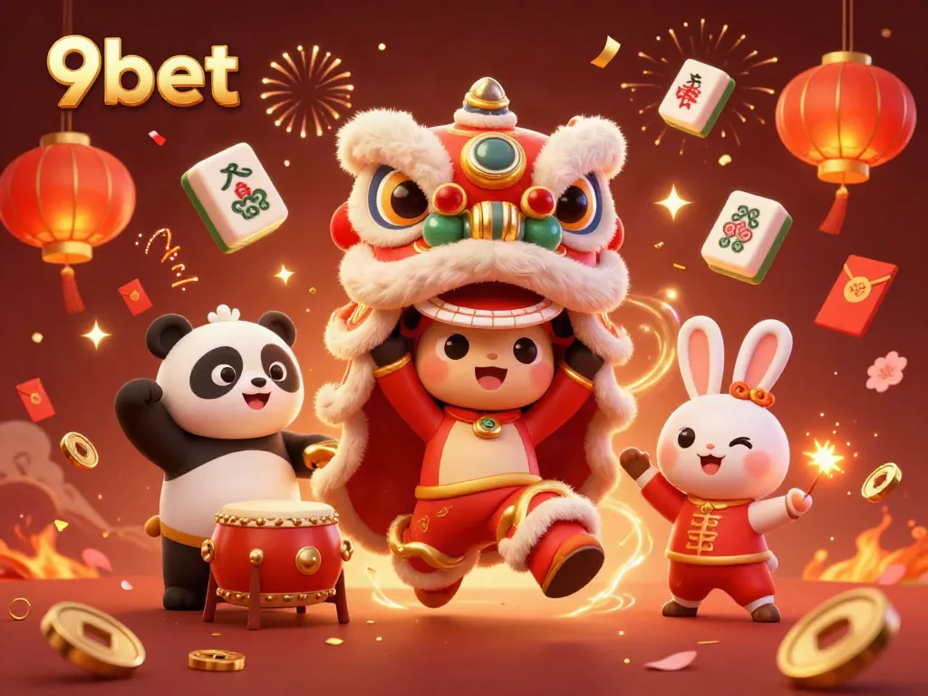 Experience the thrill of 9bet with a dynamic celebration featuring a lion dance and casino elements in a vibrant scene.