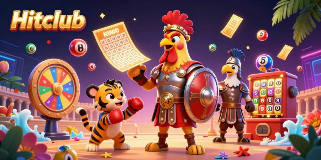 Engage with Hitclub's vibrant gaming scene featuring a gladiator rooster amidst dynamic lottery elements and energy.