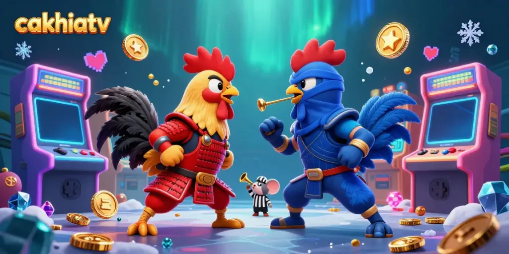 Cakhiatv showcases a thrilling standoff between samurai and ninja roosters in an electrifying gaming scene.