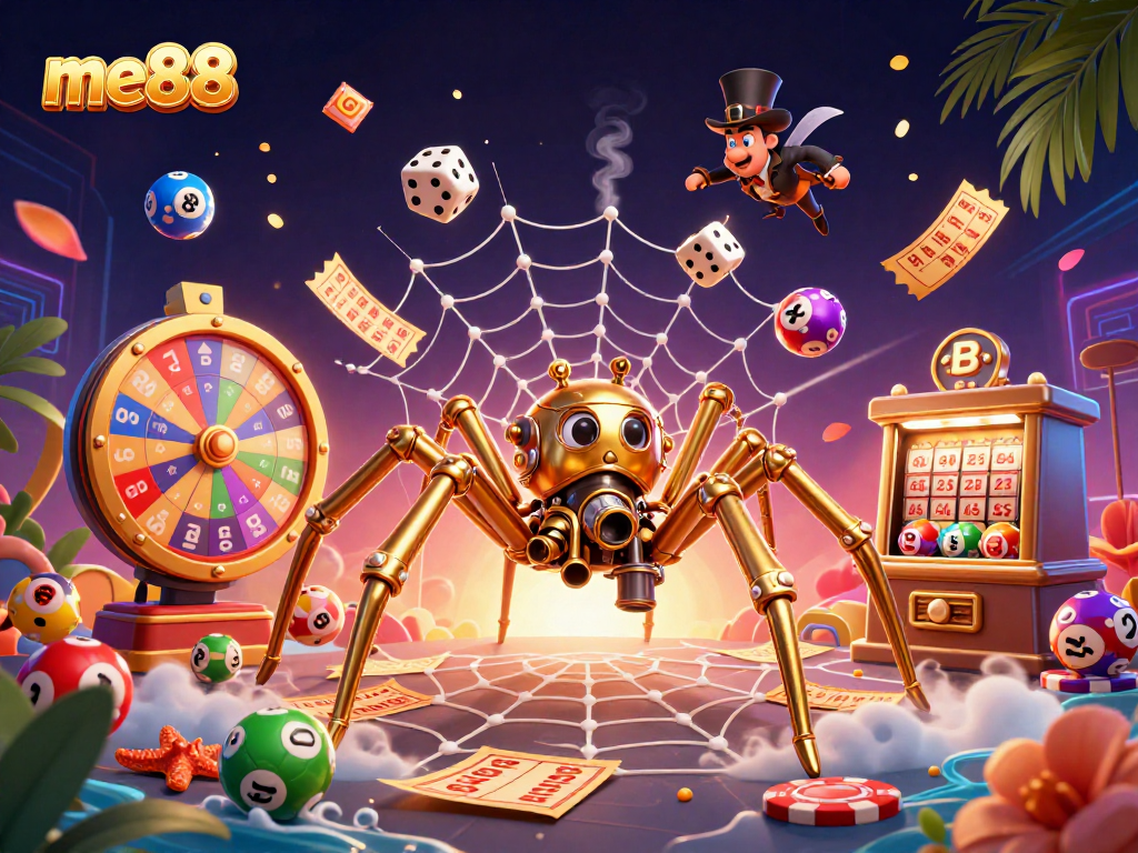 Engage with me88's vibrant casino scene featuring a golden spider and lively lottery elements.