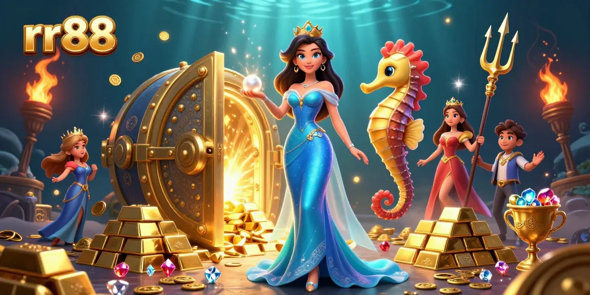 Experience the thrill of rr88 gaming with a glamorous woman and a seahorse king surrounded by treasures.