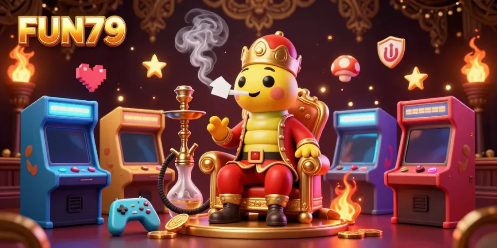 Experience the excitement at FUN79 casino with vibrant gaming elements and characters in a dynamic 3D illustration.