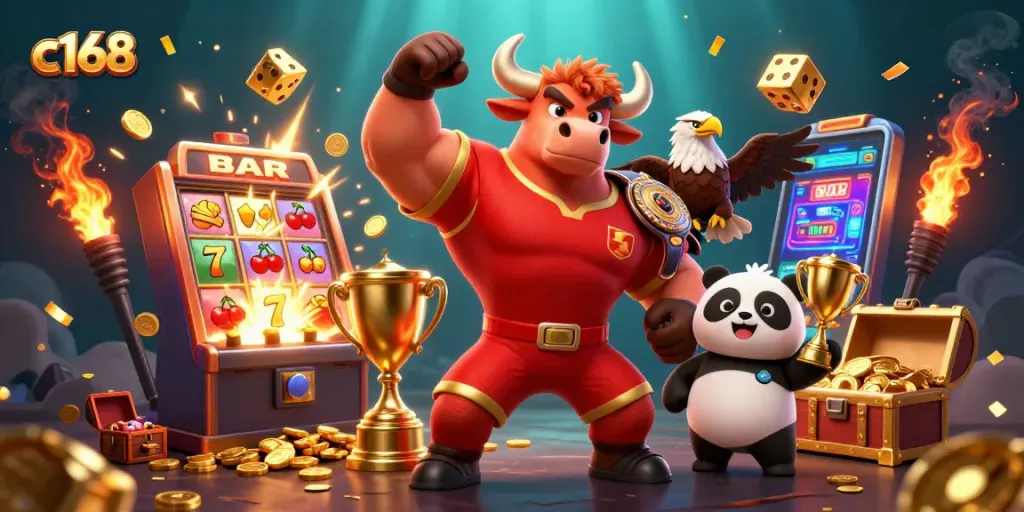 c168 showcases a joyful bull, eagle, and panda celebrating jackpot wins in vibrant casino-themed artwork.