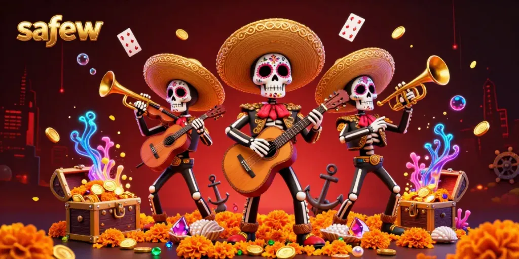 Experience fun with safew at the vibrant casino-inspired scene featuring skeleton mariachi band members surrounded by floating cards and gold coins.