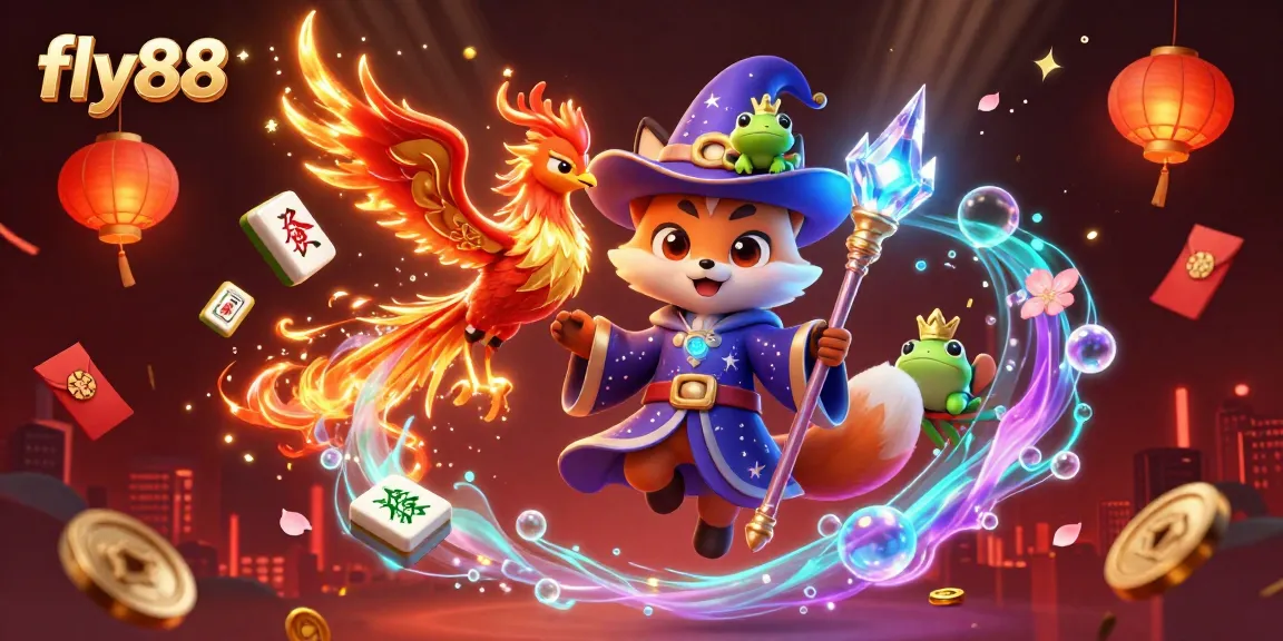 Experience the thrill of fly88 with magical elements from the casino world in a vibrant illustration.