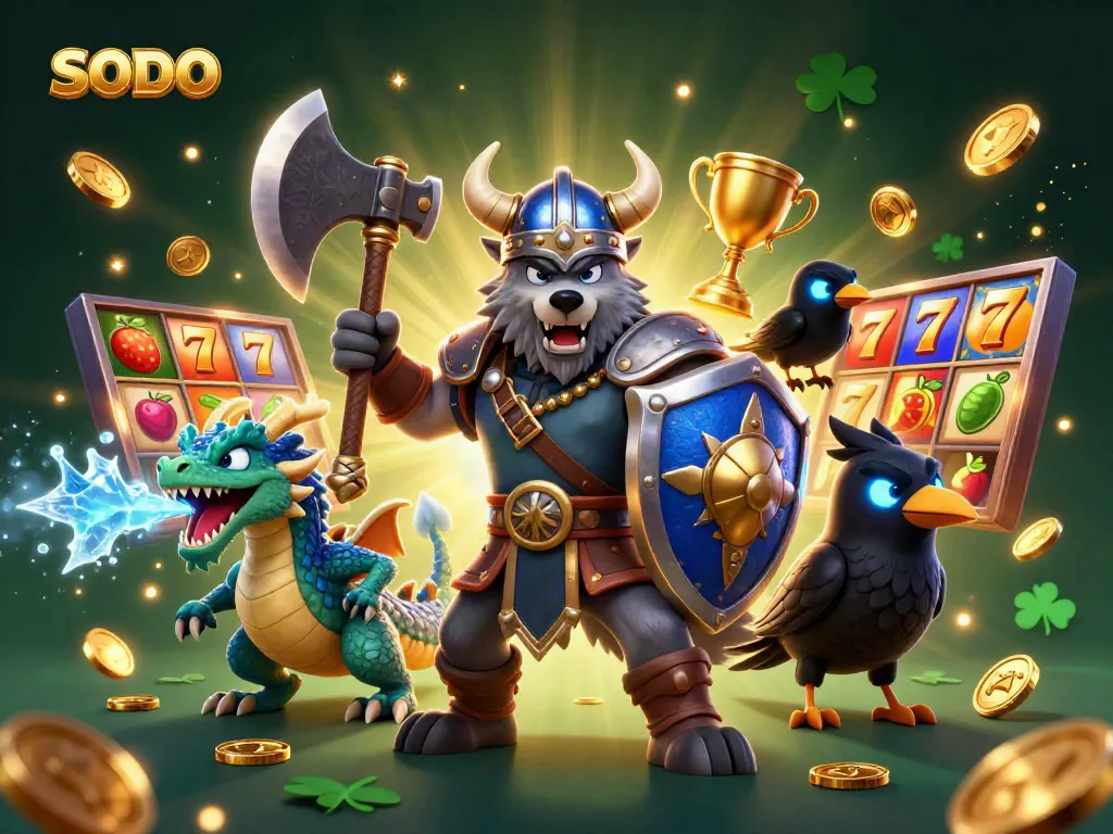 Engage in thrilling slots gameplay with SODO, featuring a Viking warrior and dragon in a vibrant casino setting.