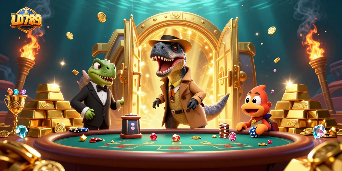 Engage with LD789's thrilling blackjack scene featuring animated dinosaurs and gleaming treasures.