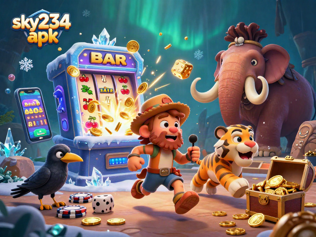 Experience thrilling slots and jackpots with sky234 apk in this exciting prehistoric casino scene.