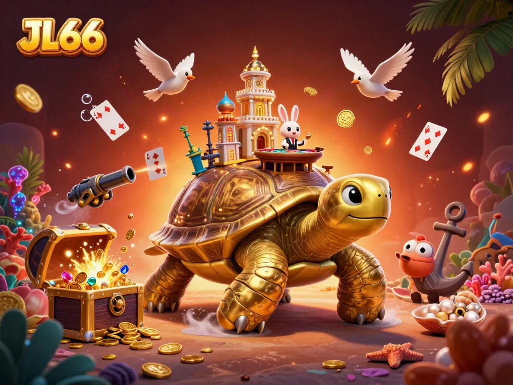 JL66 showcases a vibrant casino scene with a tortoise, rabbit dealer, and golden coins amidst underwater themes.