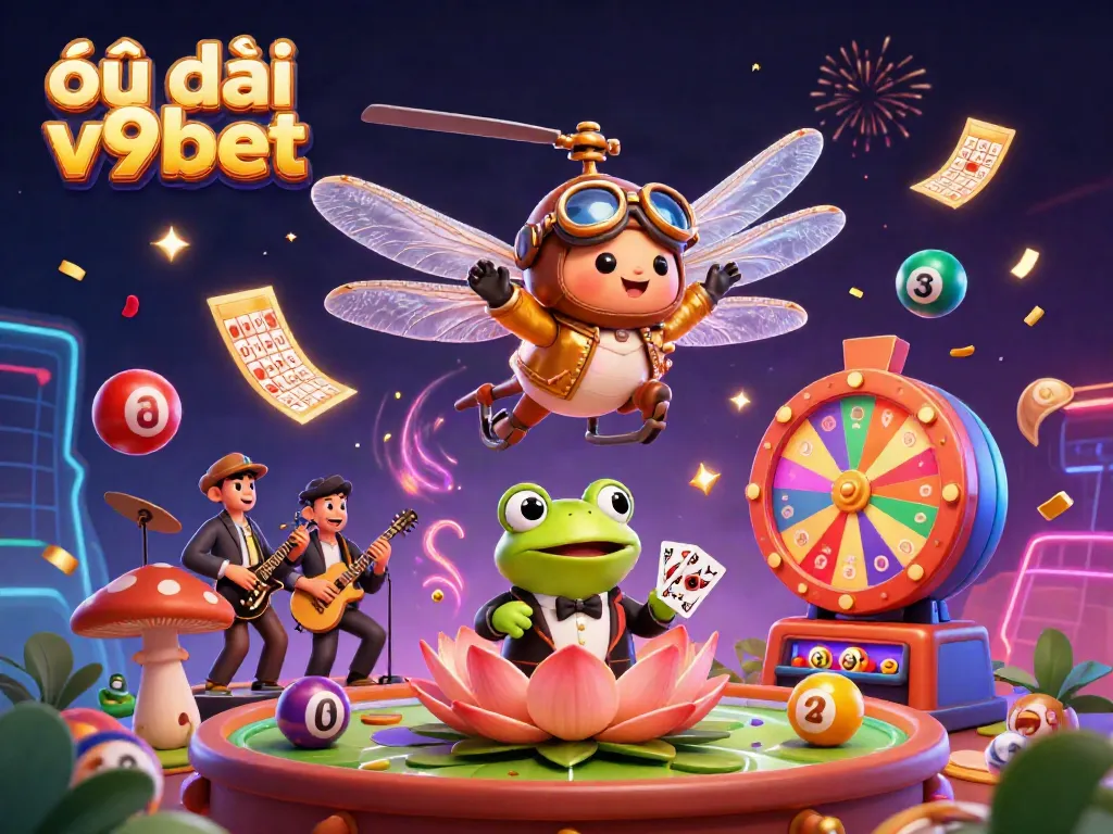 Experience the excitement of ưu đãi v9bet with vibrant 3D casino illustration featuring animated characters, games, and prizes.