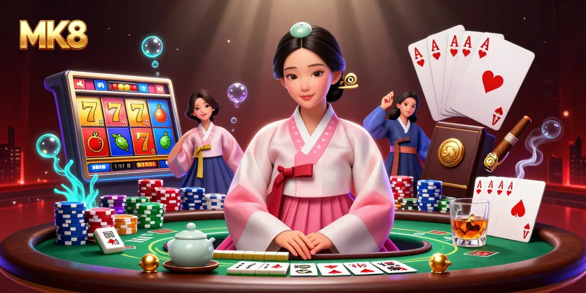 Engage with the exciting world of MK8 casino gaming featuring vibrant slot reels and an elegant Asian host.