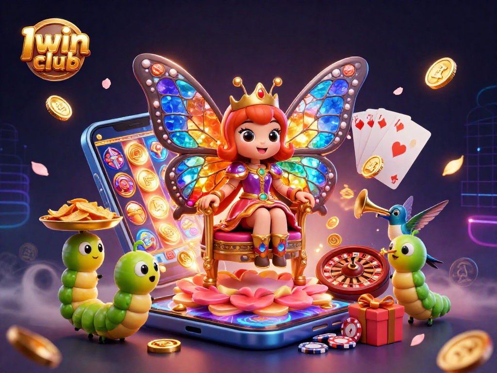 Iwin club features a captivating 3D scene with a butterfly queen, game elements, and vibrant casino imagery.