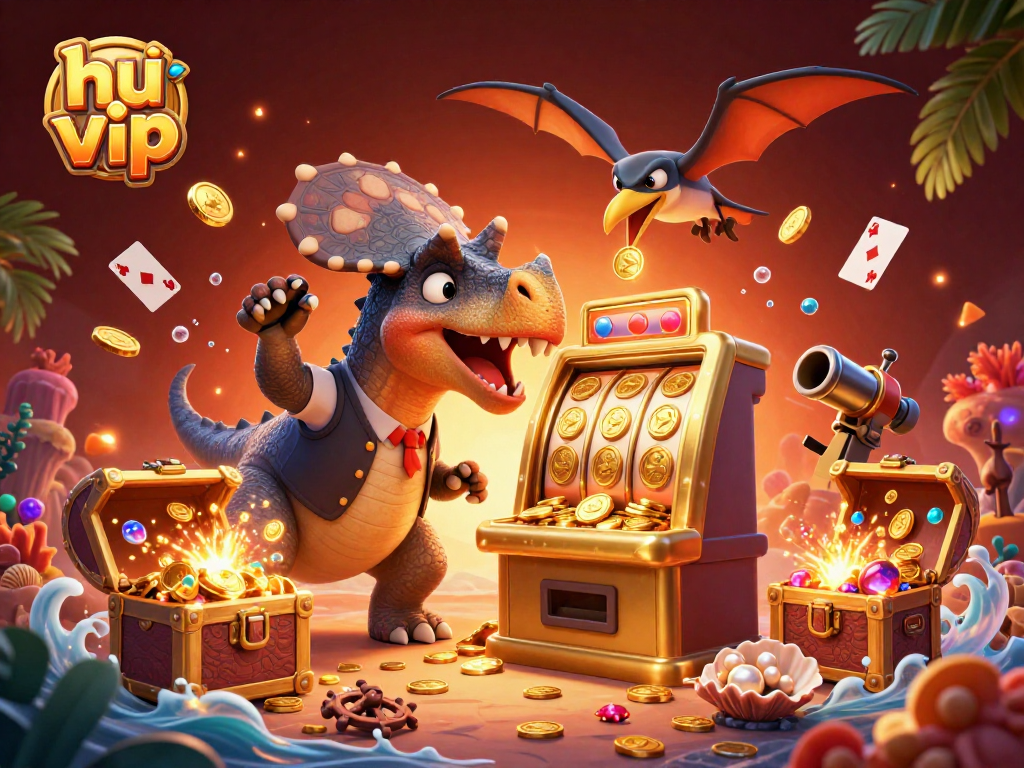Engage with hu vip's thrilling slot machine action featuring vibrant characters and dazzling gold coins.