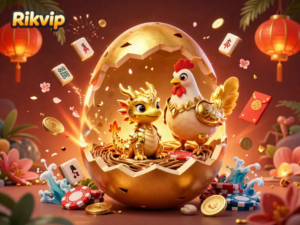Rikvip showcases a golden dragon amidst vibrant casino symbols, creating a captivating gaming atmosphere.