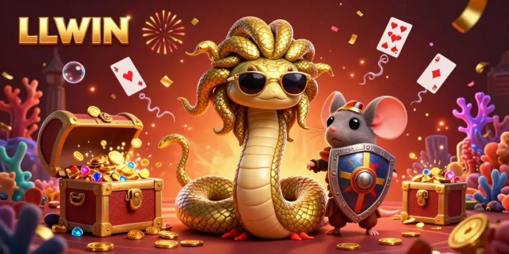 Engage with the captivating LLWIN casino experience, illustrated by a Medusa character and a warrior mouse amidst golden treasures.