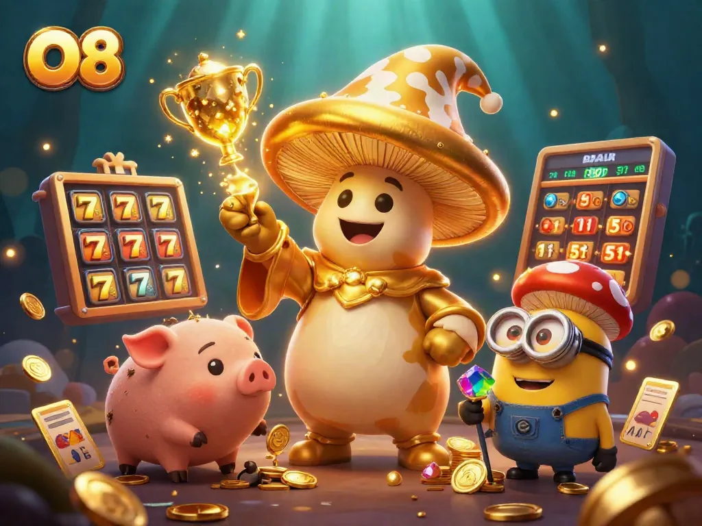 Engage with O8's golden gaming adventure featuring jackpots and treasures in a vibrant casino scene.