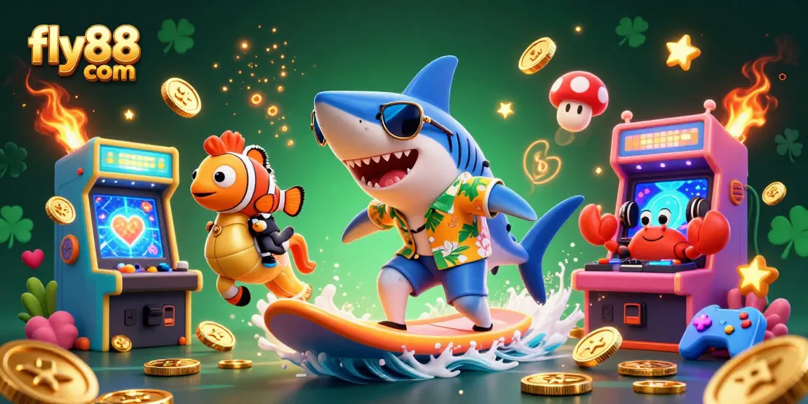 Experience casino fun with fly88 com as a shark surfs on gold coins, vibrant gaming elements abound.