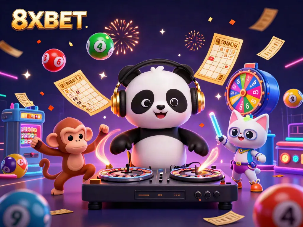 Engage in exciting gameplay at 8XBET with vibrant characters and colorful lottery elements.