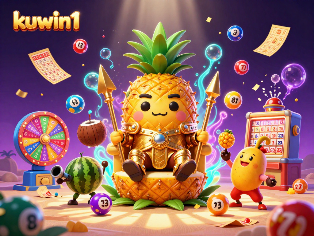 Engage in thrilling gameplay with kuwin1's vibrant casino scene featuring lottery games and a golden pineapple king.