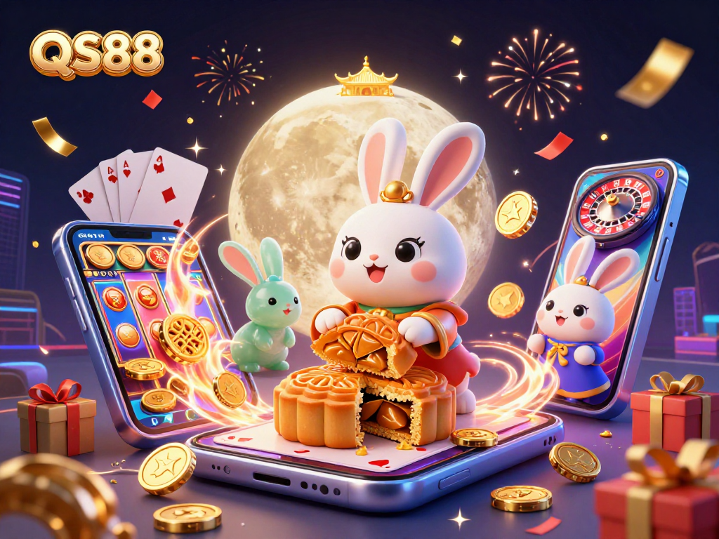 Join the fun at QS88 with the moon rabbit celebrating wins with poker chips amidst festive elements.