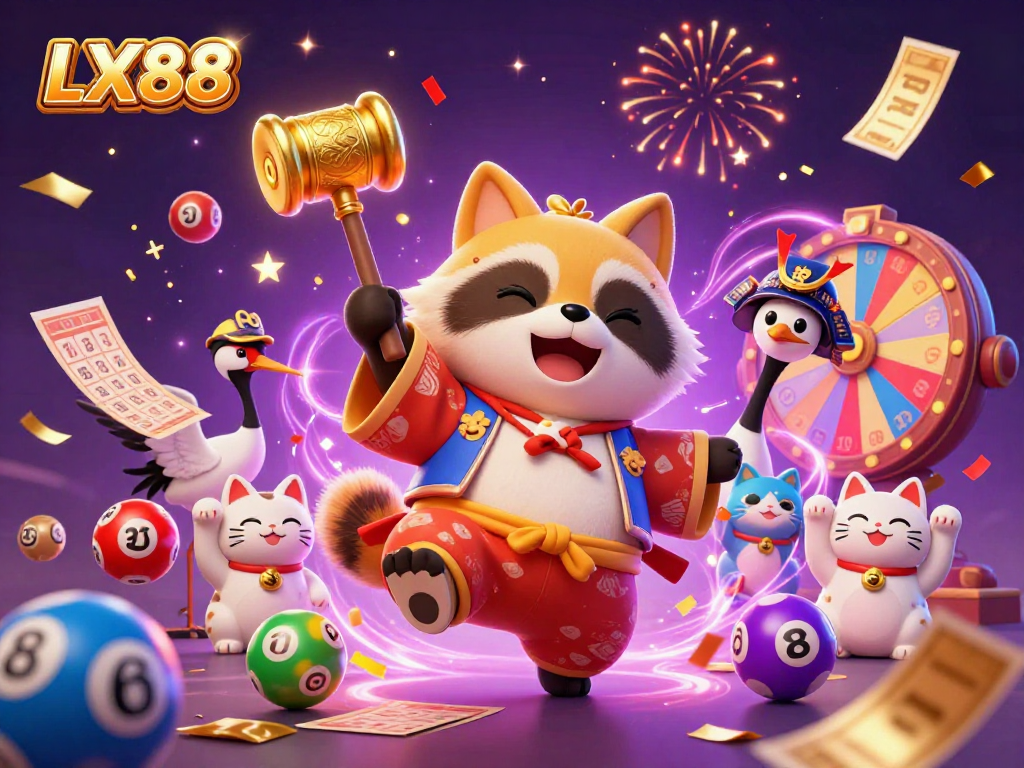 Engage with LX88's festive casino experience as vibrant lottery elements and characters bring luck to players.