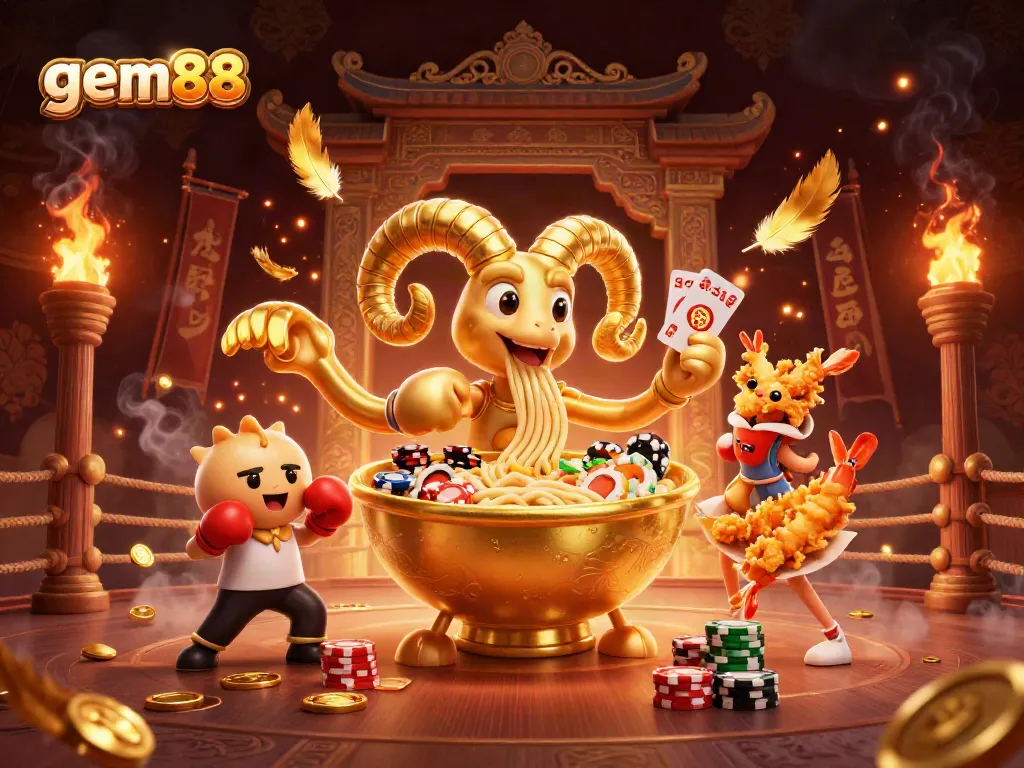 Engaging scene showcasing gem88 casino vibes with a giant ramen bowl character stacking chips and cards.