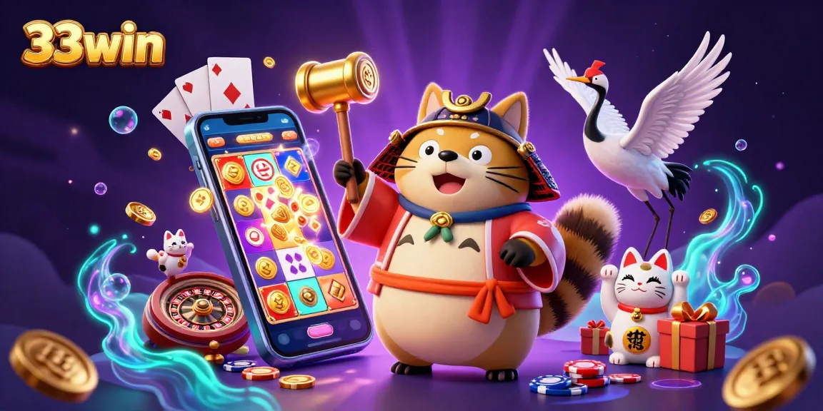 Experience exciting games with 33win featuring colorful fortune cats, a cheerful tanuki, and vibrant casino elements.