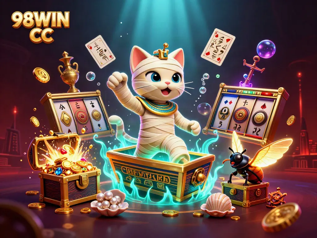 Engage with 98WIN CC in a vibrant 3D casino scene bursting with gold and excitement.