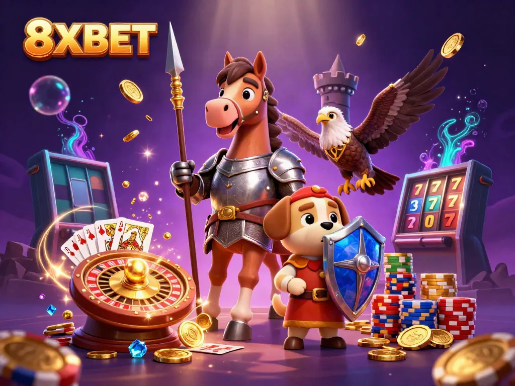 Engage with thrilling games at 8XBET featuring a knight and puppy amidst cascading gold coins and vibrant casino elements.