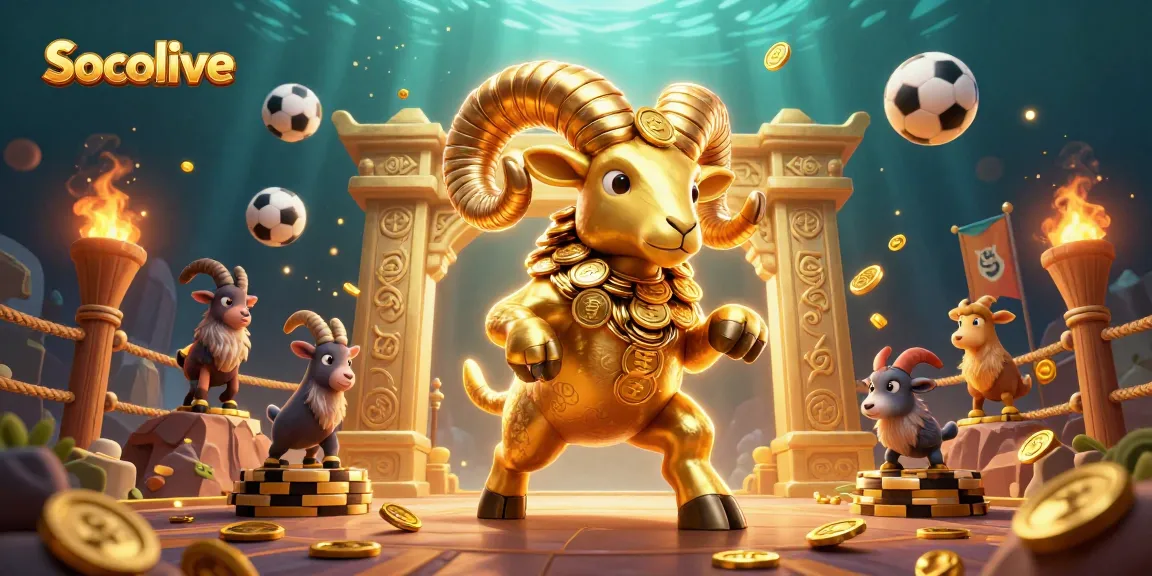 Socolive showcases a golden ram charging through a sports betting arena, energizing the gambling scene.