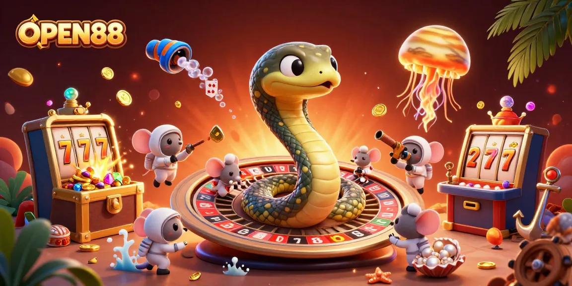 Experience thrilling gameplay at OPEN88 as astronaut mice bet on a roulette snake in a vibrant casino scene.