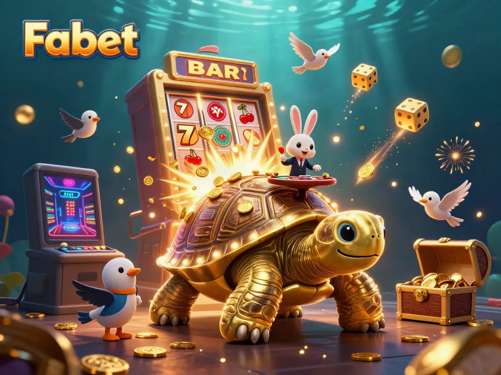 Experience the excitement of Fabet with a vibrant 3D casino scene featuring a golden tortoise and dynamic gaming elements.
