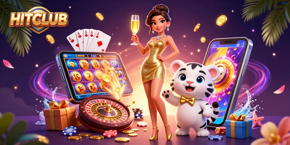 Experience thrilling gaming at HITCLUB with a glamorous woman, lucky tiger, and vibrant casino elements.