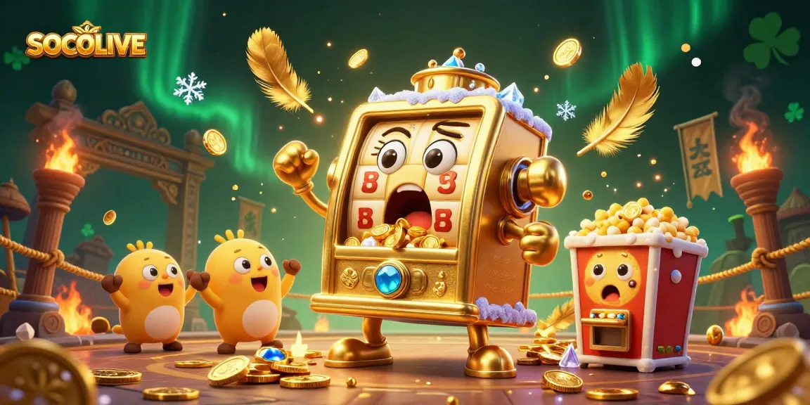 SOCOLIVE slot machine hitting a jackpot, surrounded by cheering machines and coins.